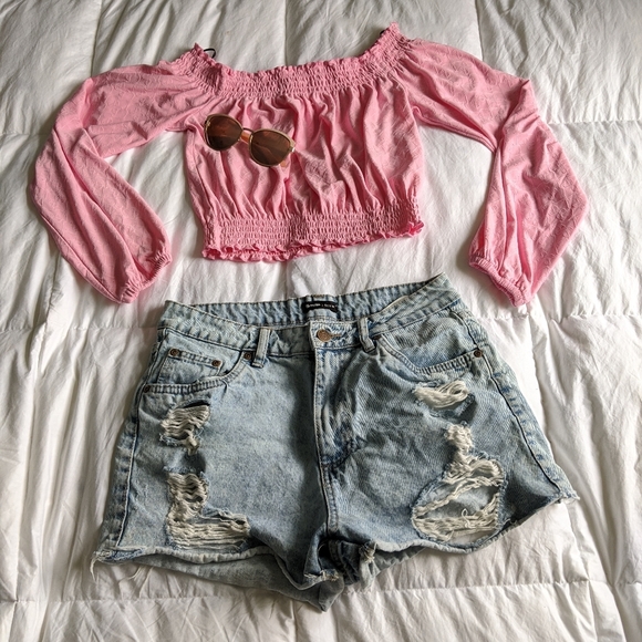 Flamingo Pink Off the Shoulder Long Sleeve Shirt - Picture 1 of 4